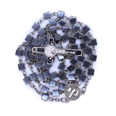 China Religious Hematite Cube Beads Rosary For Men's Black Stone Rosary Beads Necklaces Decade With Enamel Cross for sale