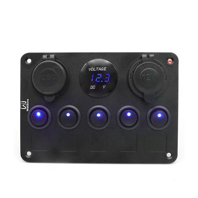 China 12V -24V Cars WattBons 5 Gang Rocker Switch Panel Pre-Wired Aluminum Switch Panel with Dual USB Cigarette Lighter Socket Voltmeter 12V-24V for sale