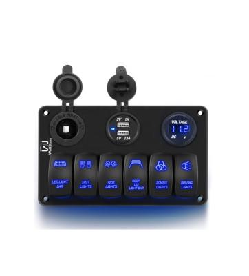 China Sturdy and durable WattBons 6 Gang Blue LED Rocker Switch Panel Waterproof Boat Switch Panel  with Dual Car USB Charger For Cars UTVs Trucks for sale