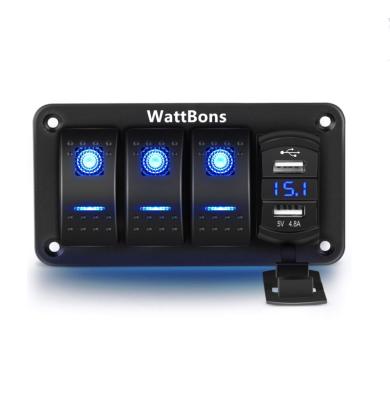 China Sturdy and durable WattBons 3 Gang Electrical Rocker Switch Panel  On Off Switch Aluminum Holder With Car Dual USB Charger Waterproof 12V 24V for sale