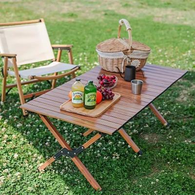 China Walnut Color Modern Camping Table Folding Portable Aluminum Egg Roll Camp Table for sale