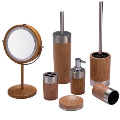 China Hotel Viable Wooden High Quality Bath Grain White Plastic Bathroom Accessories Set for sale