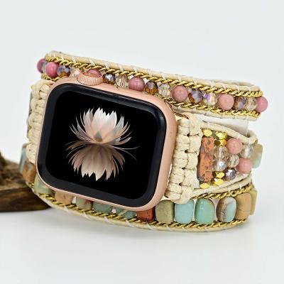 China Luxury Women Fashion Pink Apple Watch Band Braided Strap Stone Solo Watch Straps Handmade Woven Smart Watch Band for sale