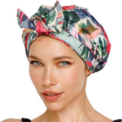 China Sustainable Amazon Long Hair Bow Bath Waterproof Reusable Adjustable Shower Cap Covers Flex Hem Women Hat for sale