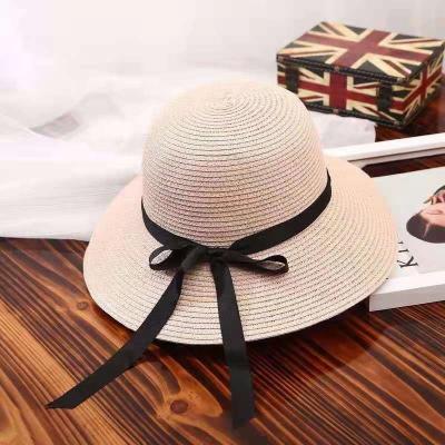 China Custom Wide Beach Straw Hat Bowknot With Logo Brim Image Summer Sun Cheap Foldable Woman for sale