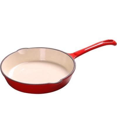 China Sustainable Round Colorful Enameled Flat Frying Pan With Long Handle Cookware for sale