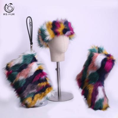 China Fashion Anti-slippery 3 in one place mixed color faux fox fur snow boots headband purse boots for women for sale