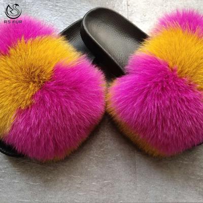 China Fuzzy Fur Stable Quality Soft Jelly Mixed Color Fur Slides Anti-Slip Large Slippers for sale