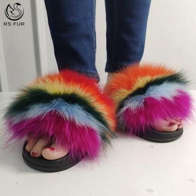 China Wholesale Custom Real Women Fluffy Fox Fur Fluffy Colorful Fur Slippers Slippers For Indoor for sale