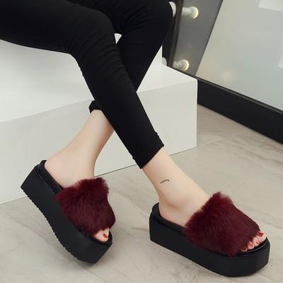 China Fashion Trend Black Slips Winter Rabbit Fur Platform Slippers Slides With Fur for sale