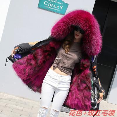 China Anti-Shrinkage Women Warm Winter Solid Green Thick Natural Fox Fur Long Real Striped Parka for sale