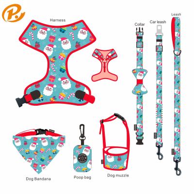 China Padded Adjustable Dog Collar Leash Harness Set Heavy Duty Collar Santa Claus Puppy Leash Harness Cute for sale