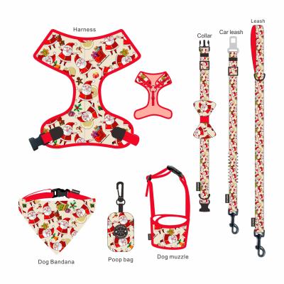 China Manufacturer Custom Padded Adjustable Leash And Collar Set Neoprene Christmas Style Dog Harness Bow Link 7 Pcs Set for sale