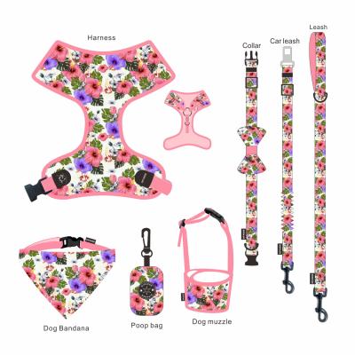 China New Design Padded Custom Printed Pet Collar Leash Neoprene Dog Harness Set With Poop Bag Holder for sale