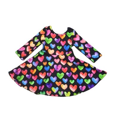 China Girlymax Washable Fall/Winter Babies Cotton Kids Clothes Milk Silk Knee Length Twirl Shape Heart Long Sleeve Dress for sale