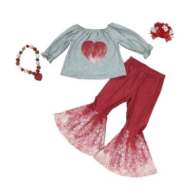 China 2021 New Sweet Valentine's Day Babies Children Clothes Set Shape Gray Tops Love Heart Sequin Bell Bottom Pants Red Cotton Outfits for sale