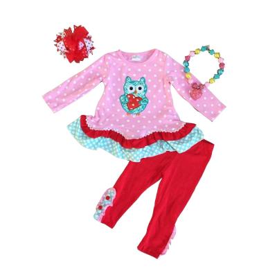 China Valentine's Day Babies Kids Clothes Set Amenities Boutique Pink Owl Love Heart Shape Ruffles Pants Soft Cotton for sale