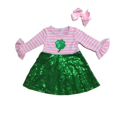 China 2021 New St Patrick's Day Baby Girls Clothes Cotton Pink Stripe Green Shamrock Shamrock Knee Length Dress Washable for sale