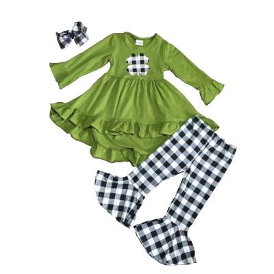 China Baby Sweet St. Patrick's Day Plaid Shamrock Outfit Olive Green Black Girls Spring Cotton Dress Pants Top Clothes for sale