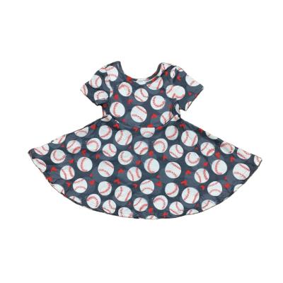 China Girlymax New Washable Summer Baby Kids Clothes Milk Baseball Silk Print Knee Length Twirl Short Sleeve Dress for sale