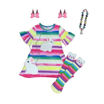 China 2021 new spring girlymax silk knee length dress easter babies clothes rabbit washable colorful milk dye tie stripe for sale