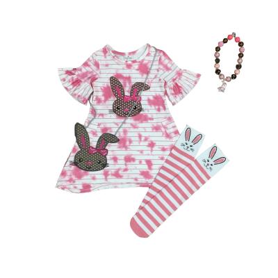 China 2021 new spring girlymax silk dress knee length babies clothes tie dye stripe milk pink rabbit washable for sale