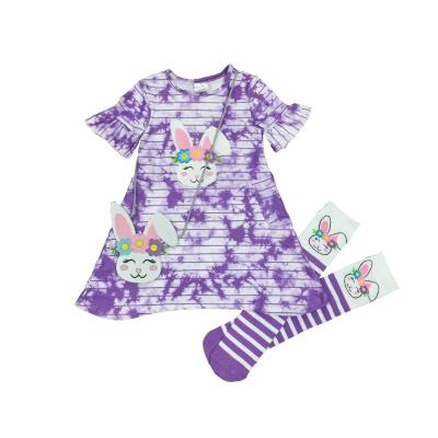 China 2021 new girlymax easter spring silk knee length dress baby clothes tie dye stripe milk purple rabbit washable for sale