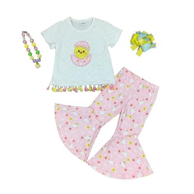 China 2021 new girlymax spring sweet girlymax spring easter baby kids clothes chicken egg cotton top pink ruffle capris outfit for sale