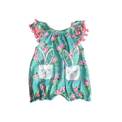 China Fashion New Arrival Easter Babies Short Sleeve Cotton Ruffle Boutique Tutu Clothes Rabbit Pocket Kidswear Green Floral Pom-Pom for sale