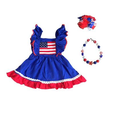 China Newcomers 4th of July Baby Clothes Ruffles Cotton Washable Red Blue Flag Knee Length Sleeveless Dress for sale