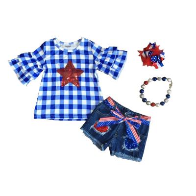 China Summer Babies Sweet 4th of July Clothing Outfits Sets Cotton America Sequins Star Royal Plaid Jeans Bow Shorts Set Tank for sale