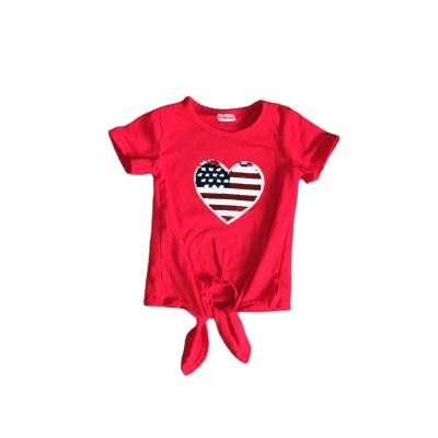 China Independence Day Washable Raglans Babies Summer Red 4th of July Stars Cotton Reverse Tie Knot Clothes Stripe Top Shirt for sale