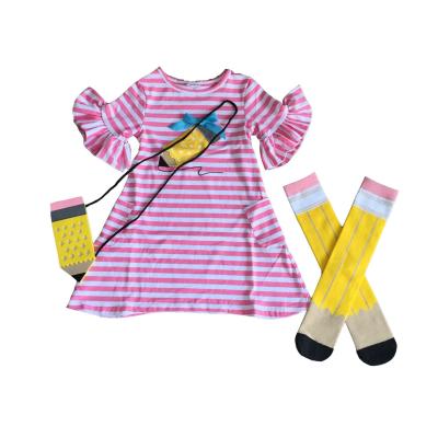 China Girlymax Washable Back To School Baby Boutique Clothes Kids School Pencil Dress Cotton Stripe Pink Match Socks And Purse for sale