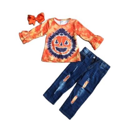 China Girlymax Fall/Winter Halloweenbaby Girls Clothes Tie Dye Pumpkin Face Raglan Bottom Denim Bottom Trellis Set Soft Upper Outfits for sale