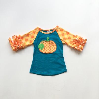 China Washable kids fall winter raglans babies Halloween raglans girls pumpkin raglans blue shirts orange paid sleeve with ruffle for sale