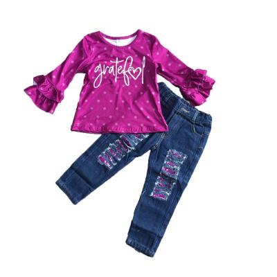 China Girlymax Sweet Drop/Winter Thanksgiving Kids Clothes Plum Grateful Plum Ruffle Jeans Denim Pants Outfits Top Set for sale