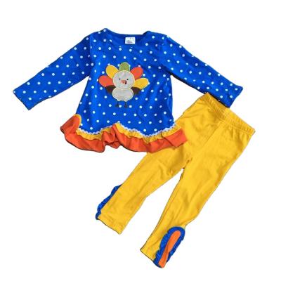 China Girlymax Sweet Thanksgiving Fall/Winter Baby Clothes Royal Blue Polka Dot Ruffle Button Pants Trousers Royal Blue Yellow Legging Outfits for sale