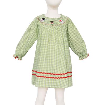 China Wholesale 2021 Girlymax Chrismas Plaid Ruffle Sleeve Santa Claus Embroidery Baby Dress Washable Green White Green White for sale