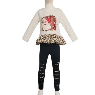 China Christmas Santa Claus Yuletide ivory Anti-wrinkle printed leopard ruffle peplum with black boutique baby leggings costume for sale