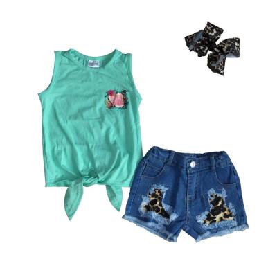 China Girls Boutique Denim Outfits Summer Babies Soft Jeans Shorts Leopard Mint Outfits for sale