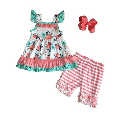 China Soft babies children clothes kidswear outfits floral stripe sleeveless shorts sets ruffle cotton ruffle boutique for sale