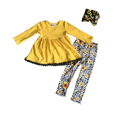 China Autumn/Winter Babies Kids Clothes Autumn/Winter Long Sleeve Ruffle Top Lace Mustard Leopard Sunflower Dress Cotton Soft Outfits for sale