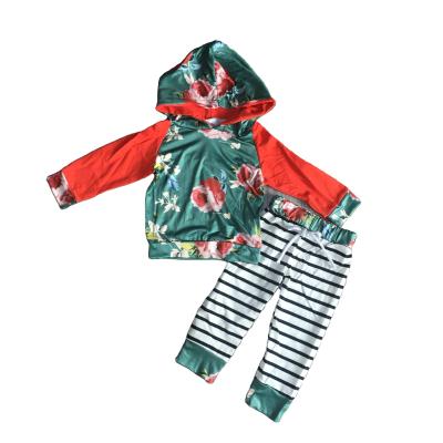 China Fall/Winter Babies Soft Kids Clothes Orange Floral Patchwork Hoodie Top Cotton Stripped Pants Lace Up Long Sleeve Outfits for sale