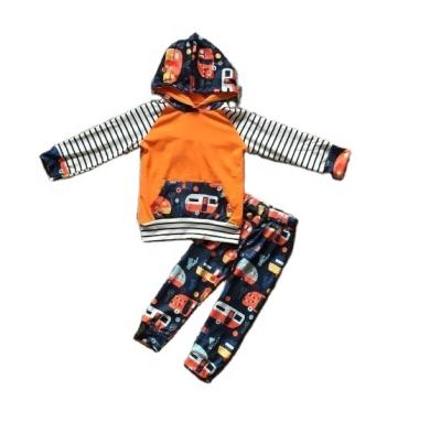 China Soft Fall/Winter Babies Kids Clothes Patchwork Orange Hoodie Bus Top Cotton Stripped Pants Lace Up Long Sleeve Outfits Pockets for sale