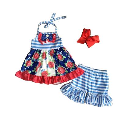 China Baby kids clothes kidswear outfits soft blue red floral sky stripe sleeveless shorts set ruffle cotton ruffle boutique for sale