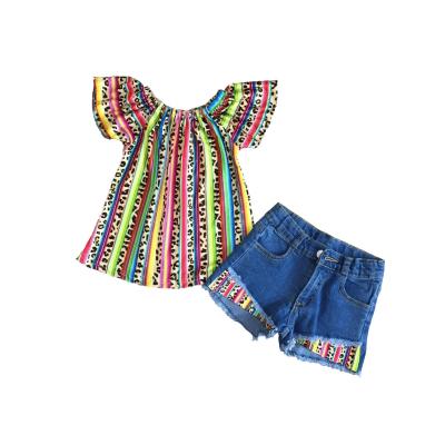 China New Arrivals Summer Baby Girlsr Kids Clothes Serape Soft Leopard Blue Jeans Shorts Top Set for sale