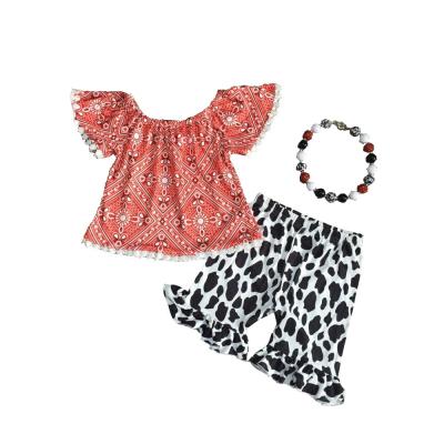 China Summer Baby Kids Cotton Cow Leopard Capris Top Set Soft Red Pompom Outfits Clothes for sale