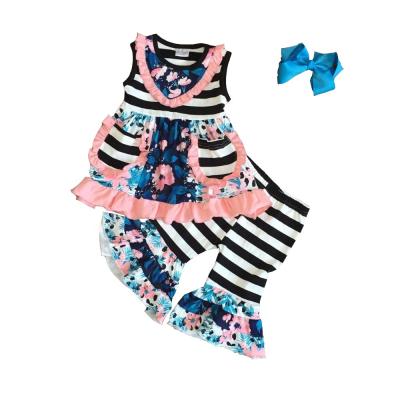 China Sweet Summer Flower Stripe Pockets Baby Clothes Cotton Ruffles Capris Coral Black Top Floral Set for sale