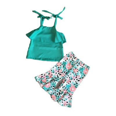 China Sweet summer babies boutique clothing sunkissed flower capris baby kidswear outfit cotton top mint pink floral silk for sale