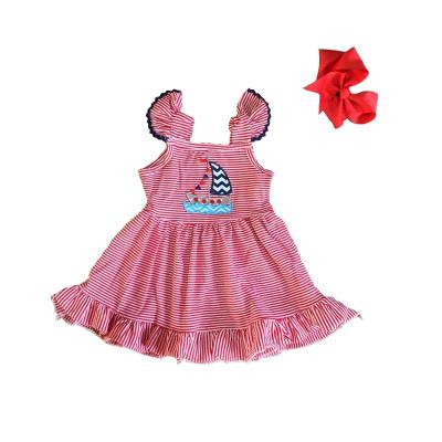 China Ruffles Washable Cotton Baby Clothes New Arrivals White And Red Knee Length Boat Stripe Sleeveless Dress for sale